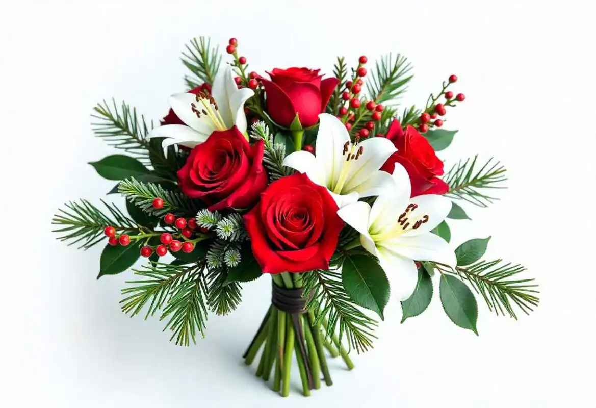 Christmas Holiday Flowers: The Complete Guide to Festive Blooms 2 A Christmas bouquet featuring red roses, white lilies, holly berries, and pine greenery.