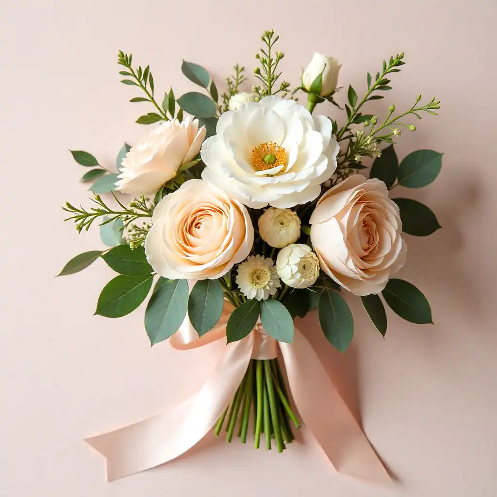 DIY wedding bouquet flowers arranged flat-lay with ribbon and greenery.