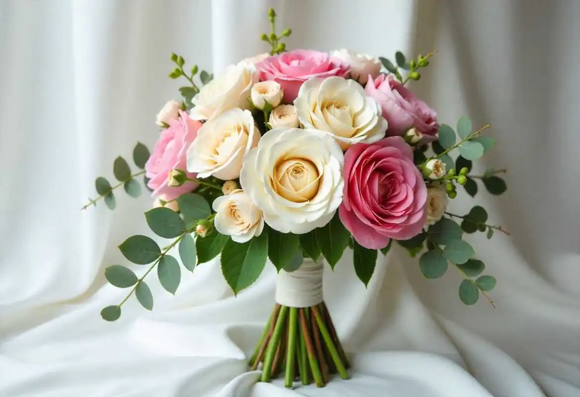 How to Make Your Own Flower Bouquets for a Wedding: A Complete Step-by-Step Guide 1 A bride in a white dress holds a beautiful, freshly arranged bridal bouquet of peach and cream roses, illustrating the result of How to Make Your Own Flower Wedding Bouquet.