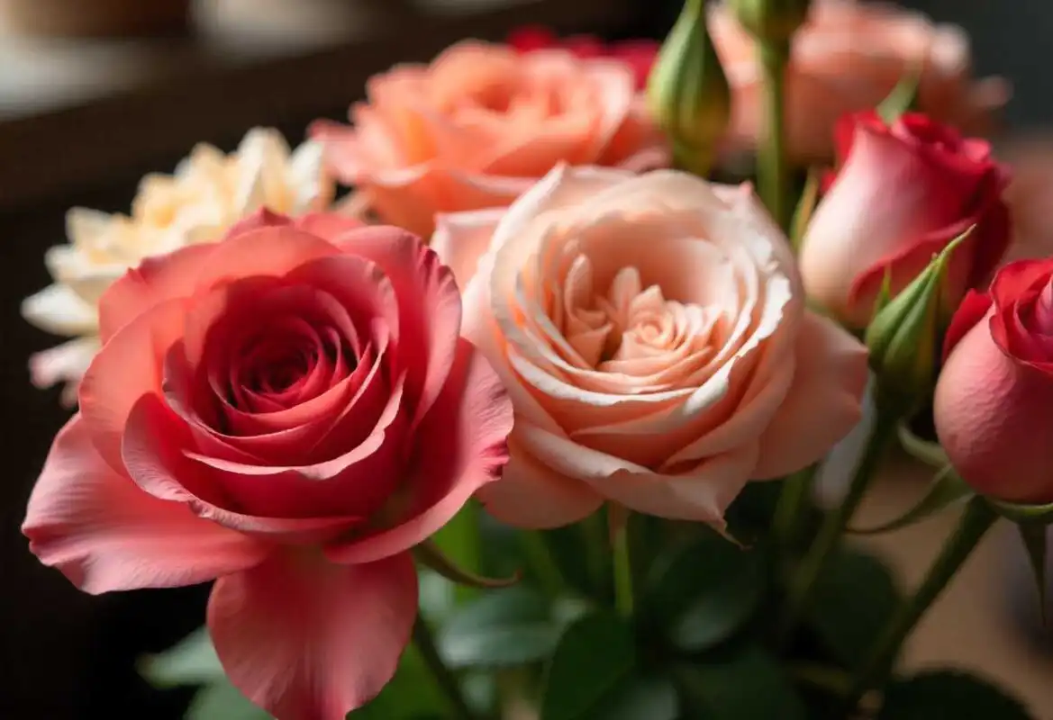 A close-up view of fresh pink, peach, and coral roses and other assorted flowers being arranged in a florist's studio, illustrating the elements that determine the Flower Bouquet Cost.