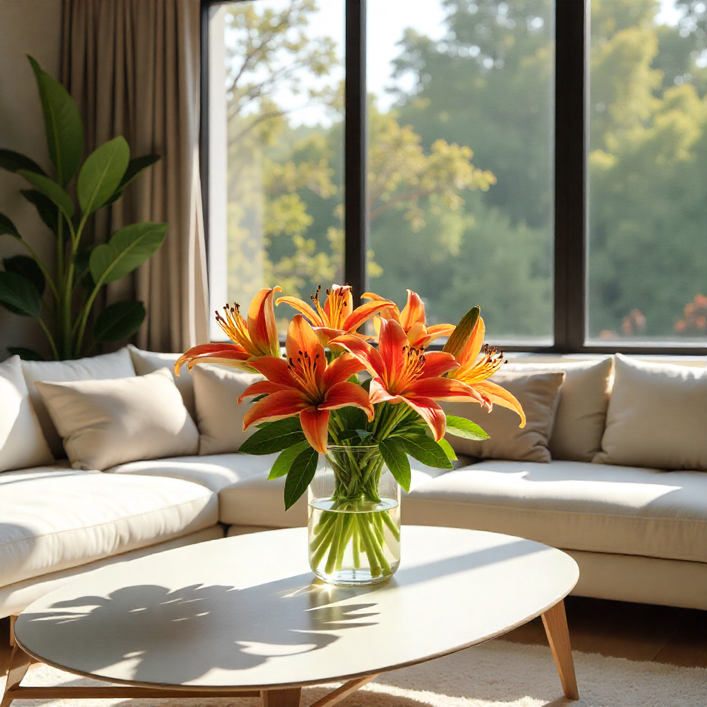 Vibrant congratulations flower bouquet on coffee table in stylish modern living room