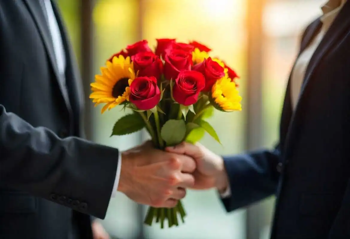 Hand delivering vibrant congratulations bouquet to person in office setting
