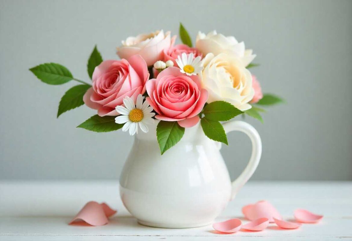 Realistic handmade artificial flower arrangement with roses and peonies in white vase on rustic table