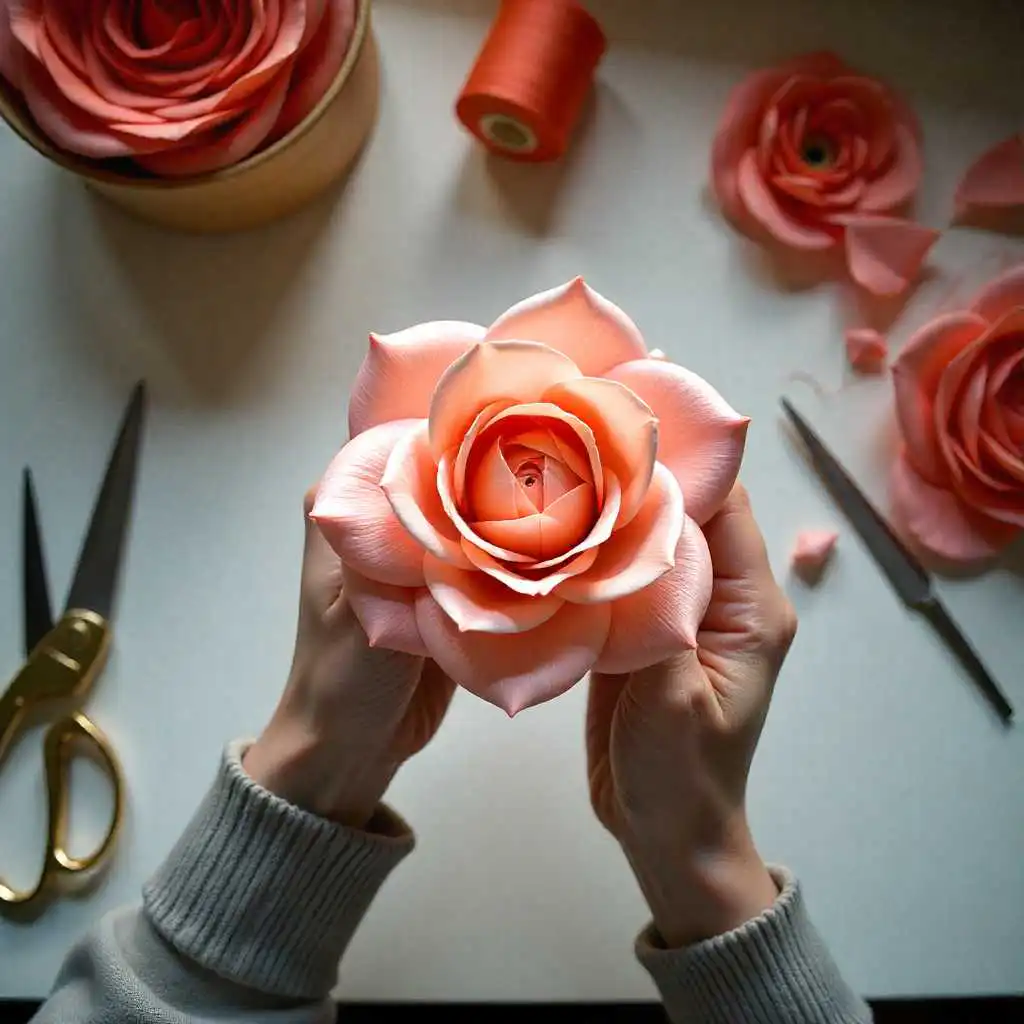 Hands holding handmade silk rose with pink petals on wooden craft table with flower making supplies