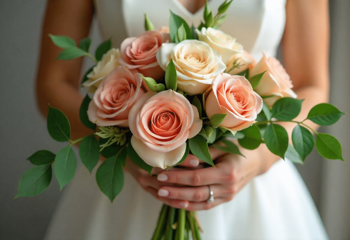 A professionally finished, round wedding bouquet featuring pink and white roses with eucalyptus, showcasing the technique for How to Make Your Own Flower Wedding Bouquet.