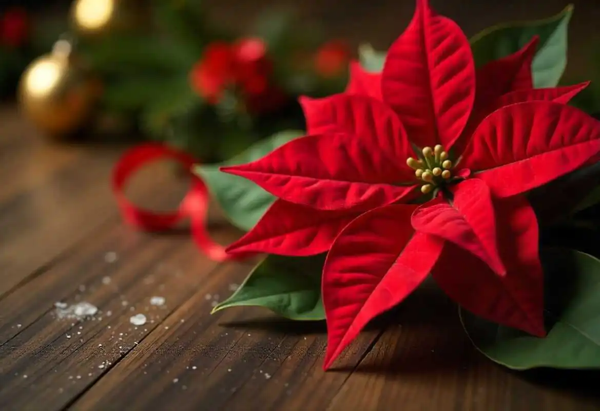 Christmas Holiday Flowers: The Complete Guide to Festive Blooms 1 A vibrant red poinsettia displayed on a decorated Christmas table with ornaments.