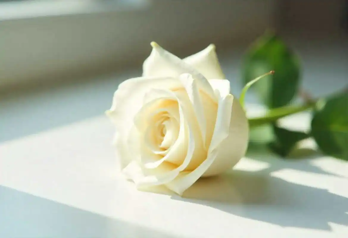 A single white rose symbolizing purity, sincerity, and honest emotions.