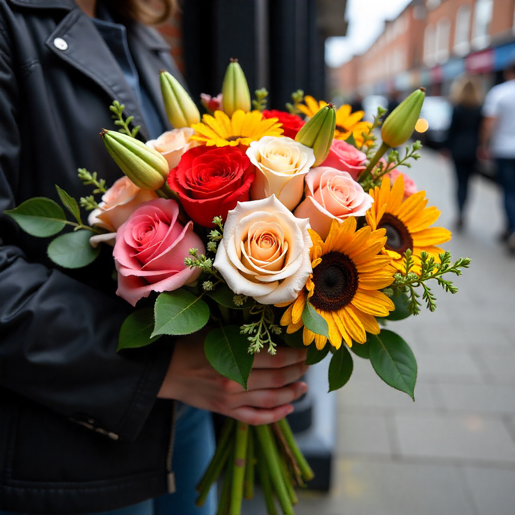 Fresh Sunday flower delivery bouquet on a doorstep in the UK