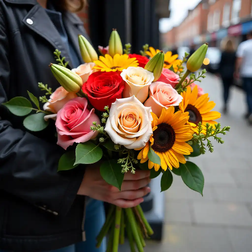 Fresh Sunday flower delivery bouquet on a doorstep in the UK