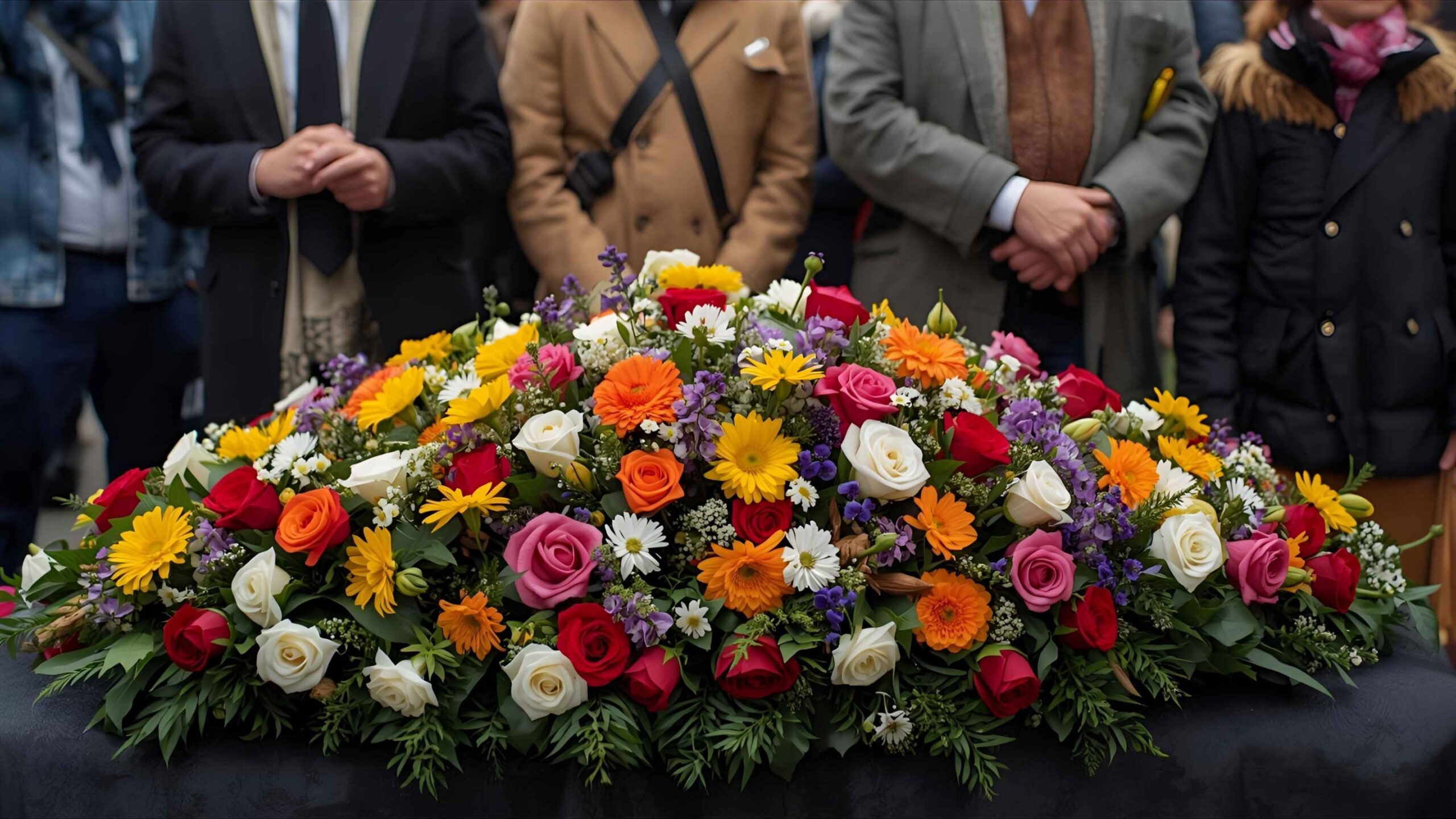 Unusual Funeral Flower Tributes showcasing a bespoke guitar-shaped floral arrangement and a vibrant, personalized memorial wreath.