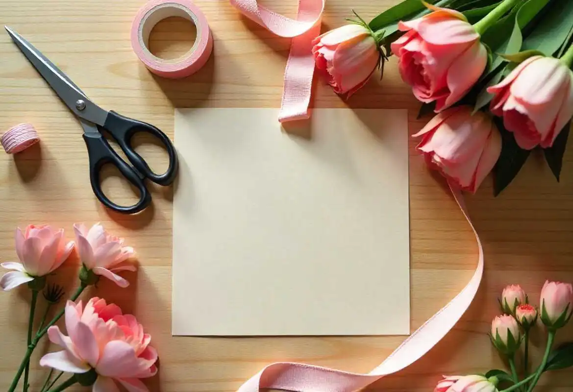How to Make Your Own Flower Bouquets for a Wedding: A Complete Step-by-Step Guide 2 Tools and supplies laid out on a wooden table, including shears, ribbon, tape, and flowers, necessary for How to Make Your Own Flower Wedding Bouquet.
