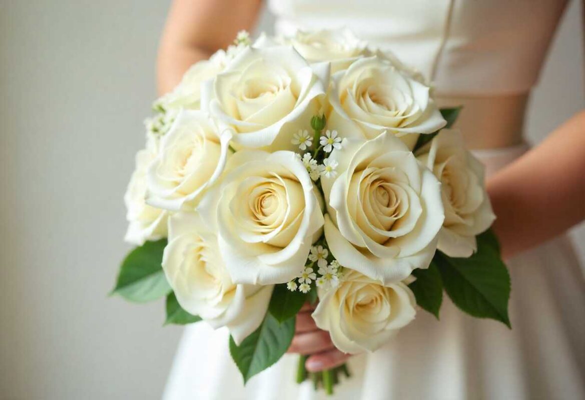 White Rose Meaning: History & What This Elegant Flower Really Represents 1 A realistic bridal bouquet of white roses symbolizing purity and new beginnings.