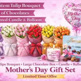Mother's Day Gift Set: Tulips Bouqeut , Large Chocolate Box, Candle & Balloon