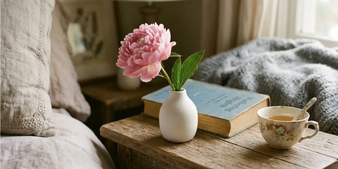 A minimalist Mother's Day decorations idea featuring a single pink peony in a white bud vase on a bedside table.