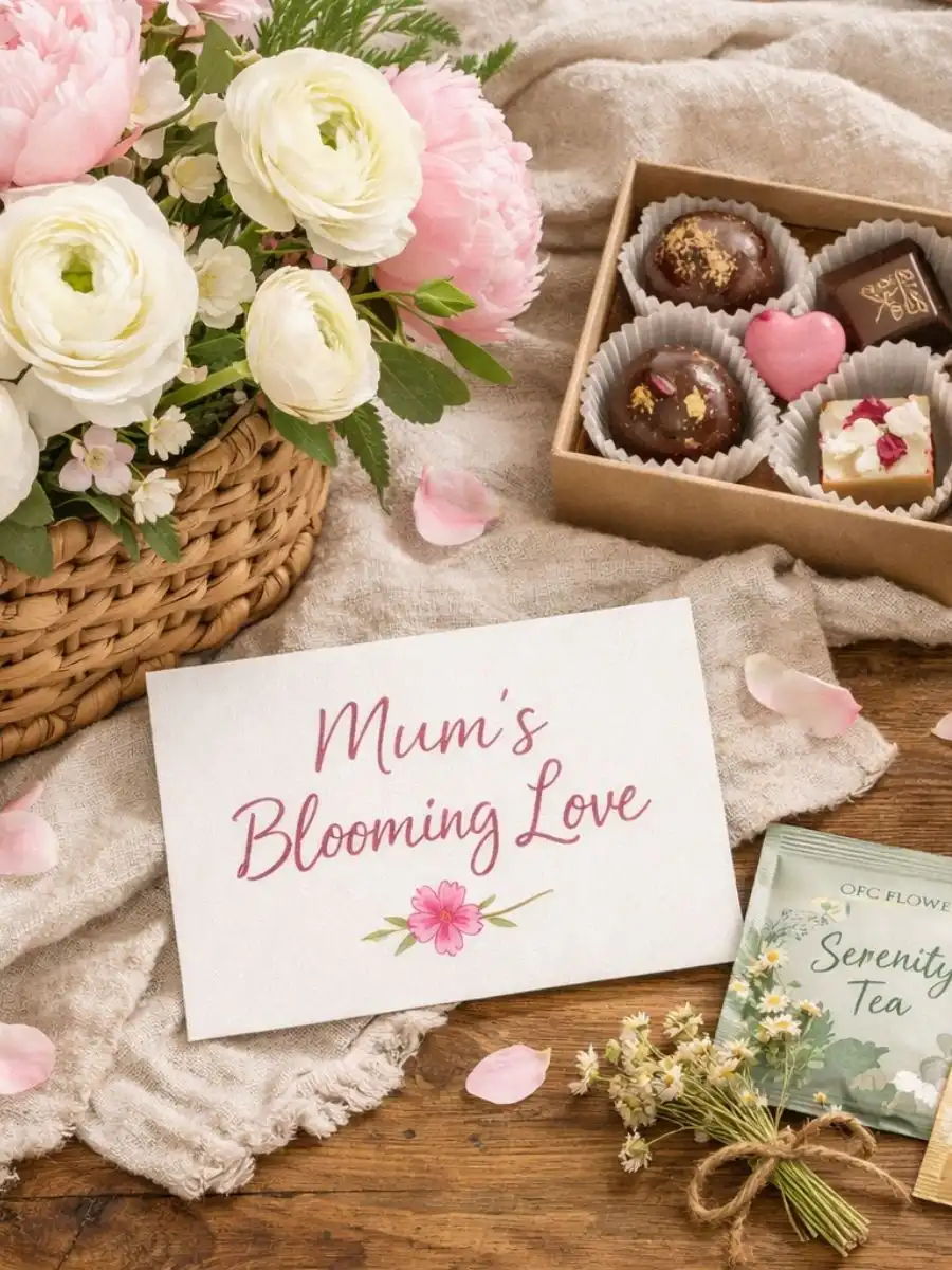 Blog 27 Elegant Mother's Day decorations featuring a central floral arrangement with pastel roses and peonies on a wooden table.