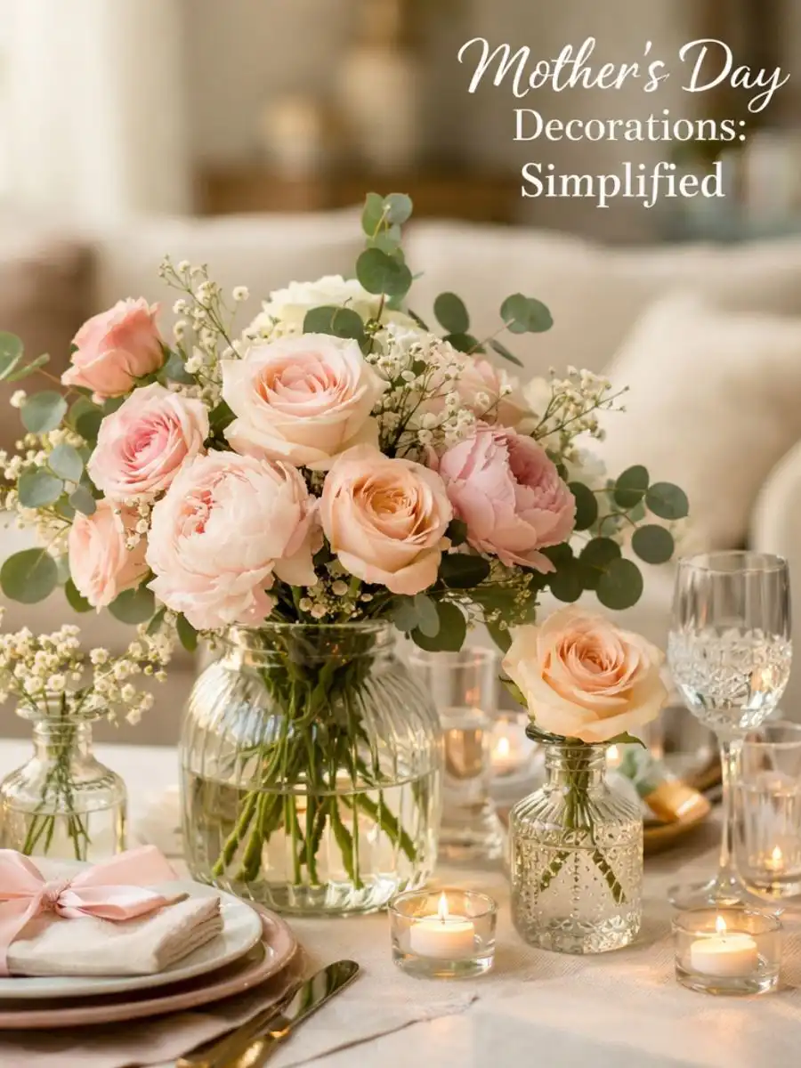 Blog 29 Elegant Mother's Day decorations featuring a central floral arrangement with pastel roses and peonies on a wooden table.