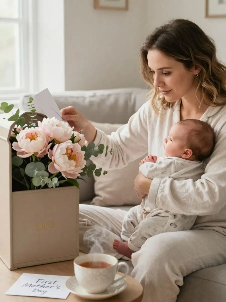 Blog 24 Best Mother's Day gifts: New mum with peony bouquet