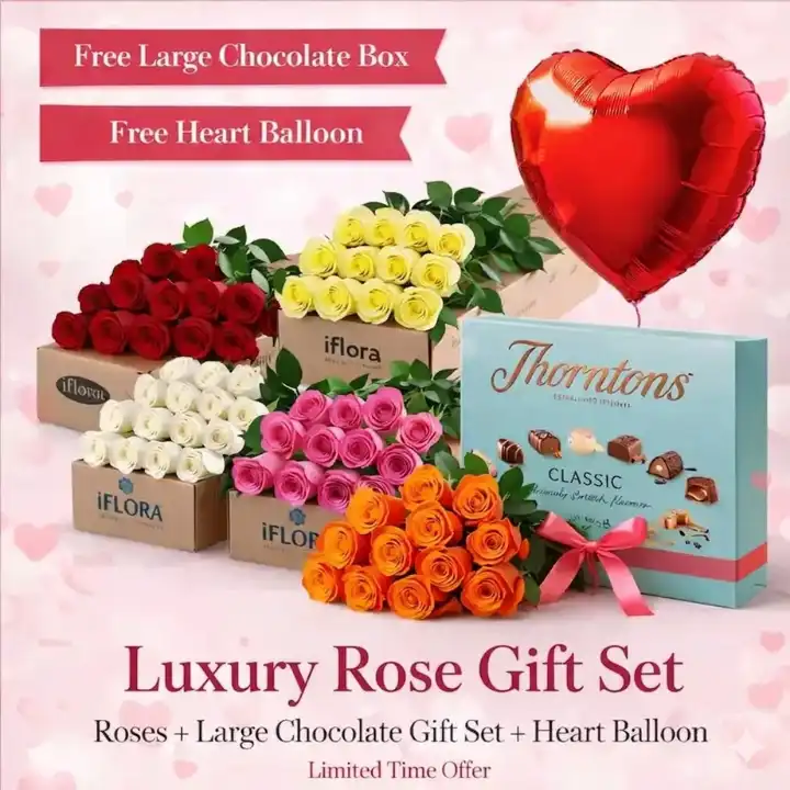 Luxrury rose gift set with large chocolate box and balloon
