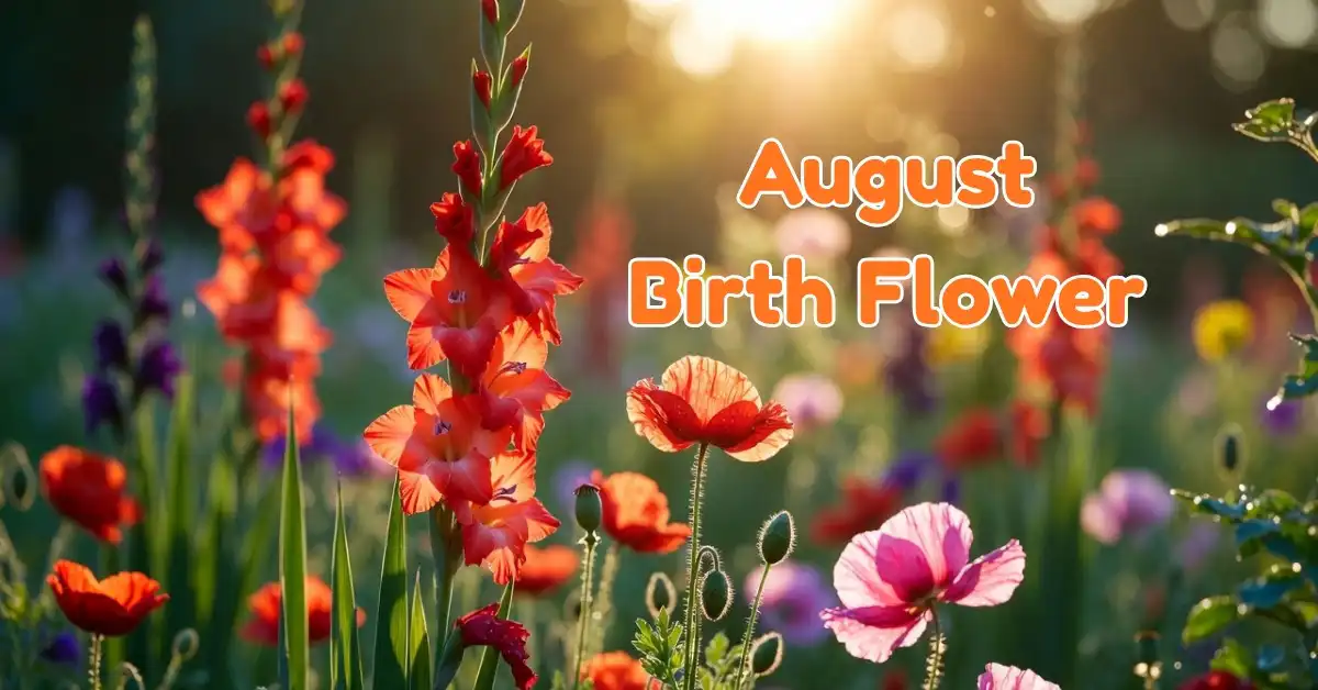 Tall colorful gladiolus stalks and vibrant poppies representing the primary August birth flowers in a sunny field.