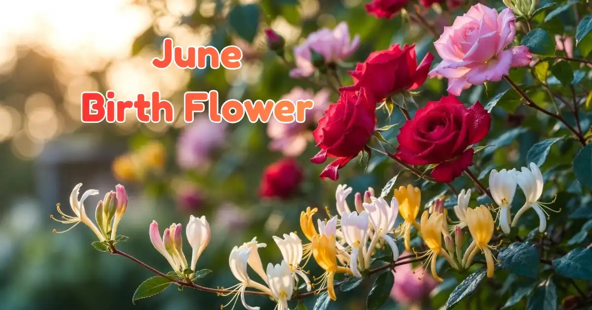 Elegant pink roses and fragrant honeysuckle vines representing the traditional june birth flower.