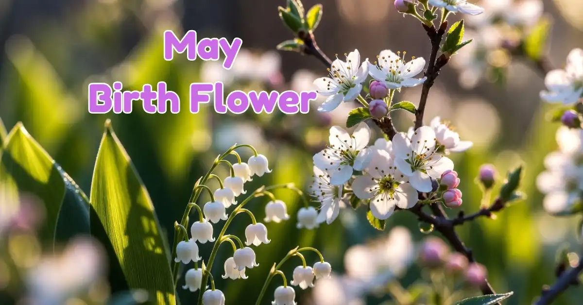 Delicate white Lily of the Valley blooms and Hawthorn blossoms representing the traditional May birth flower.