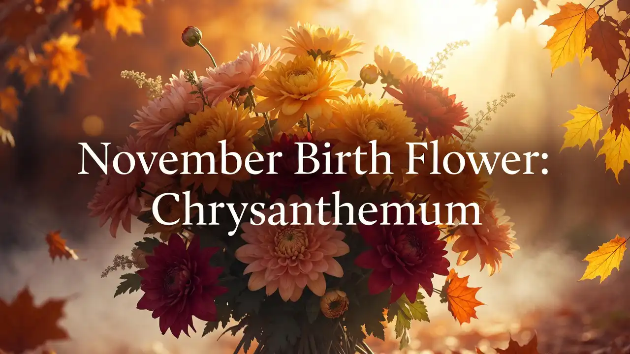 A cluster of vibrant chrysanthemums in various colors representing the traditional November birth flowers.