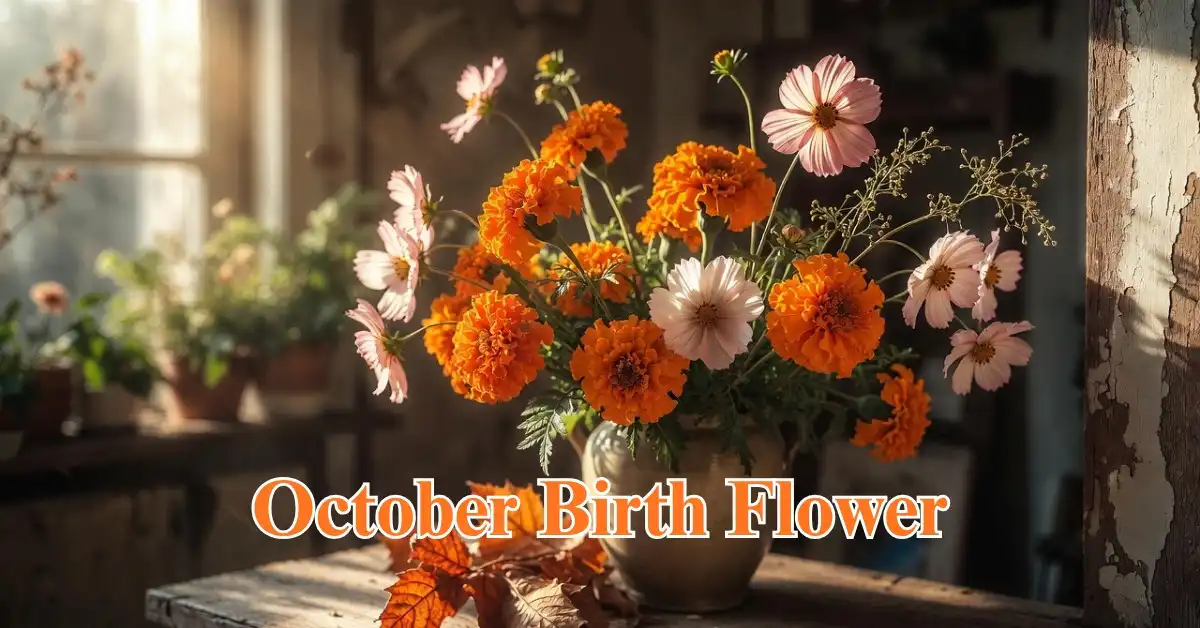 Bright orange marigolds and colorful cosmos blossoms representing the traditional October birth flowers in a garden.